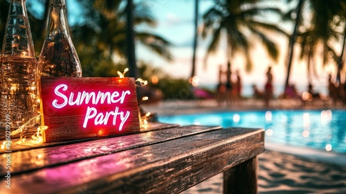 Obraz na płótnie Neon Summer Party sign glowing at a vibrant poolside party w salonie