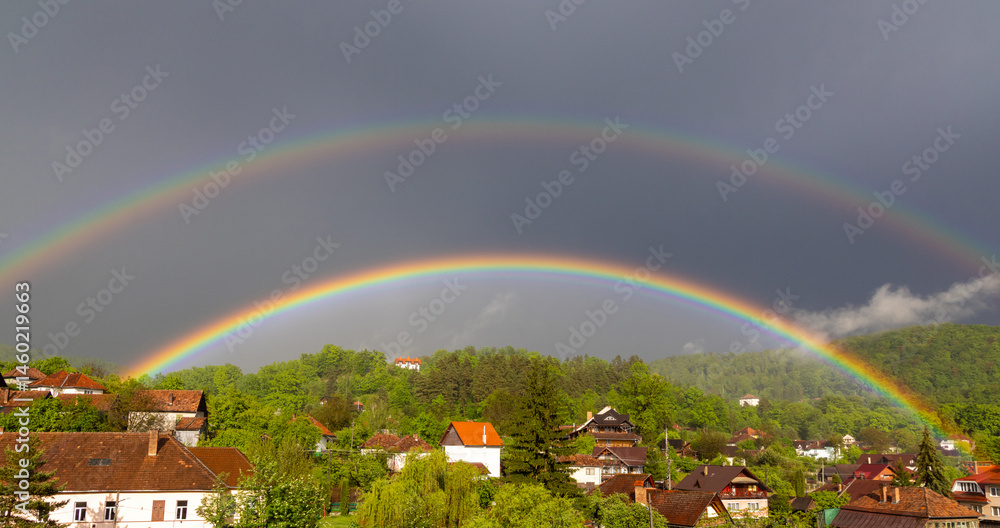 A rainbow above a village. Landscape with a rainbow over countryside houses