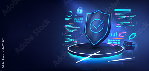Cybersecurity and privacy protection. 3D illustration of glowing shield with code, verification tools, data encryption. 3D futuristic illustration of cybersecurity and online protection. Vector banner