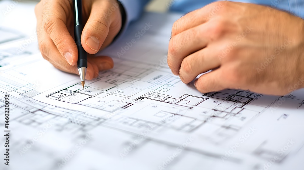 Close-up view of hands studying architectural blueprints. Close-up view of hands studying architectural blueprints.