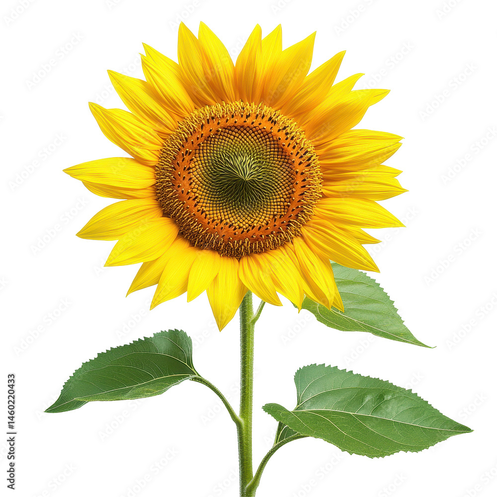 Obraz premium Bright sunflower with vibrant petals and green leaves against a clean Transparent background, Isolated image sunflower on PNG background