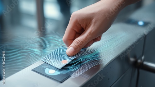 Close-Up of Hand Tapping RFID Transit Card With Flowing Digital Waves for Access
