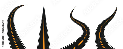 PNG Road Collection. A Set of Black Asphalt Highways with Yellow Lines Curving and Straightening on Transparent Background for Transportation and Travel Designs