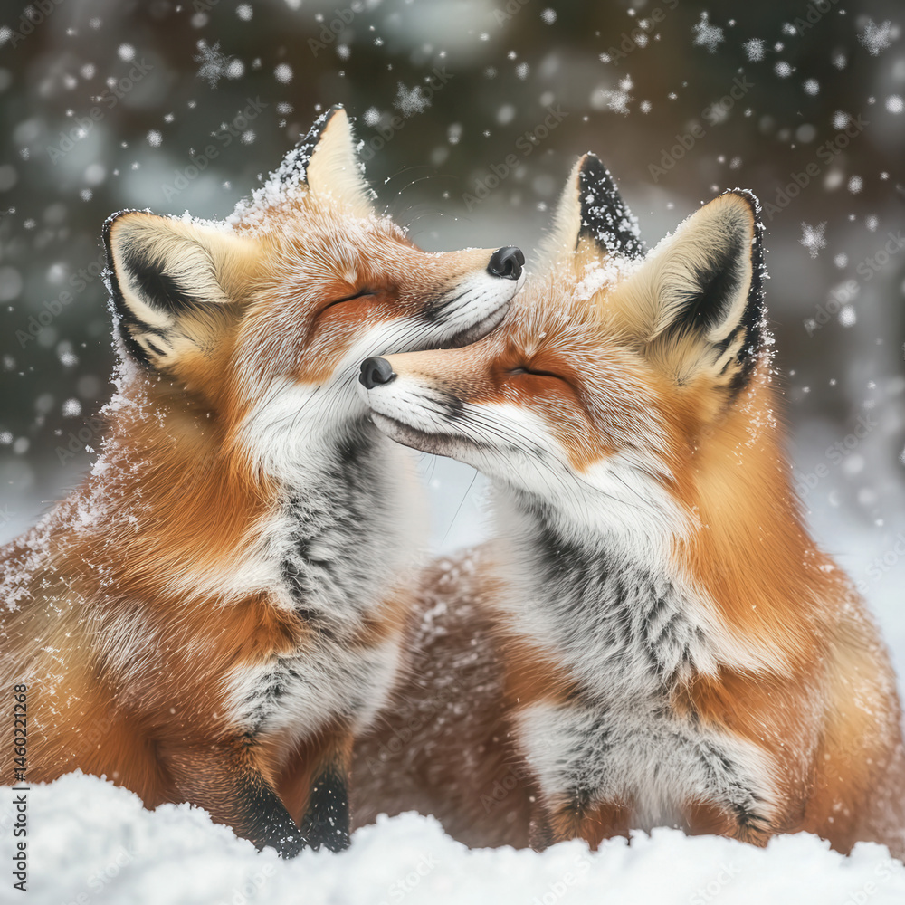 Fototapeta premium Two Red Foxes Cuddled Together in the Snow