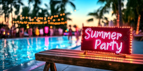 Obraz na płótnie Neon Summer Party sign glowing at a vibrant poolside party w salonie