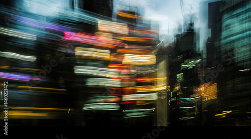 Blurred city lights streak across nightscape view