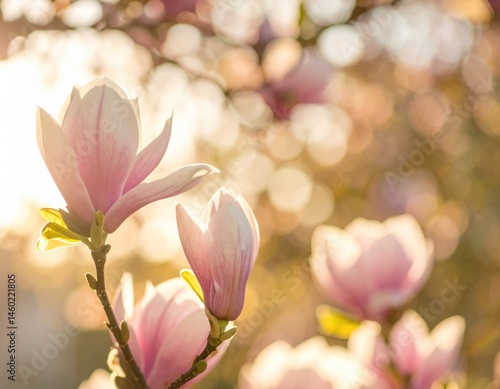 Blooming pink magnolia flowers in warm sunlight with soft bokeh