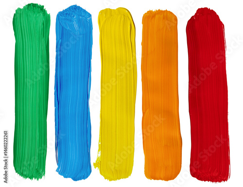 Real handmade brush paint strokes backgrounds in green, blue, yellow, orange and red isolated on white transparent background. Collection of high resolution images.
