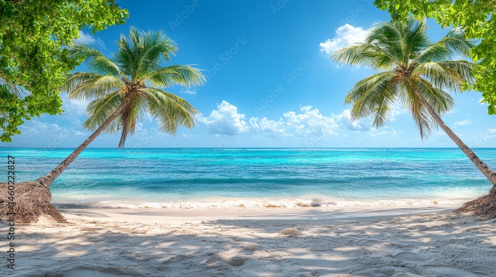 Obraz premium Stunning Tropical Beach with Palm Trees and Clear Ocean Waters