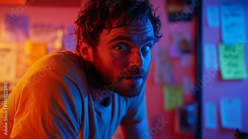 Intense gaze in vibrant neon hues of curiosity and slight apprehension
