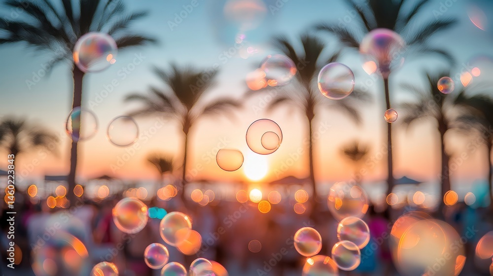 Colorful party bubbles floating in the pool with sunset backdrop