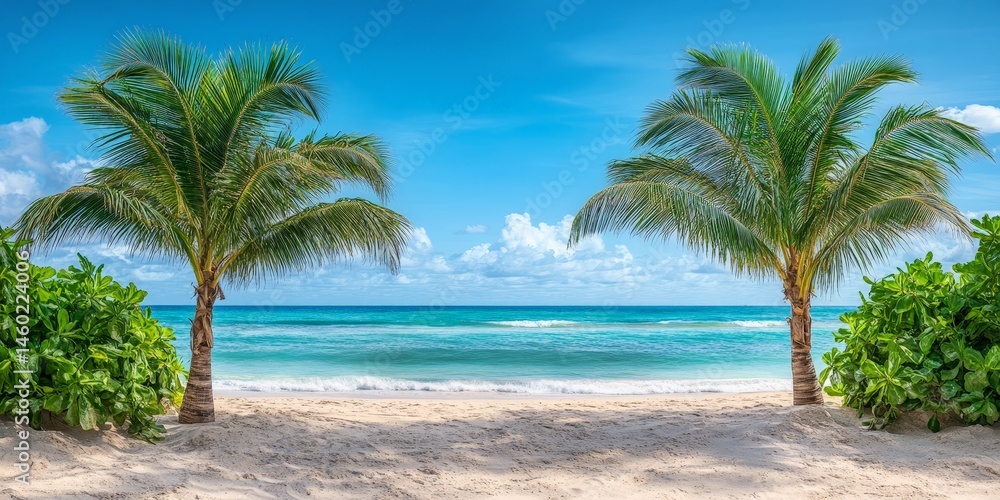 Obraz premium Stunning Tropical Beach with Palm Trees and Clear Ocean Waters