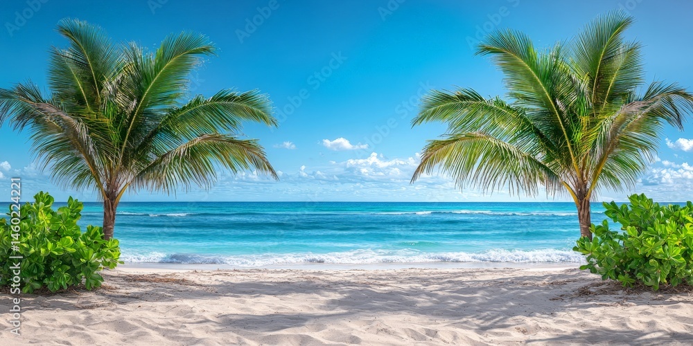Fototapeta premium Stunning Tropical Beach with Palm Trees and Clear Ocean Waters