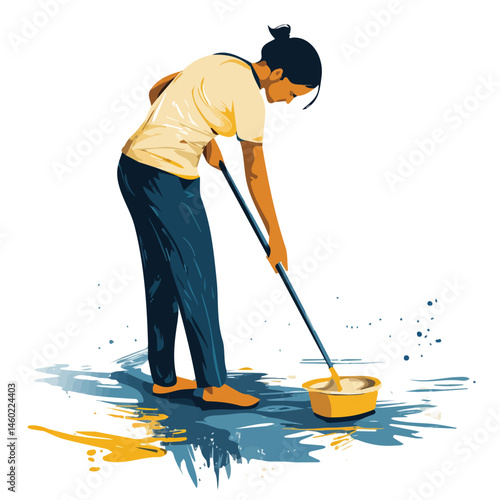 Mopping Floor 2D flat vector illustration, isolated on a white background.