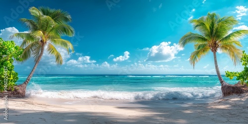 Stunning Tropical Beach with Palm Trees and Clear Ocean Waters