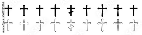 Set of cross icons. Christian, religious symbols of crucifixes in silhouette style
outline. Line art.Vector illustration.