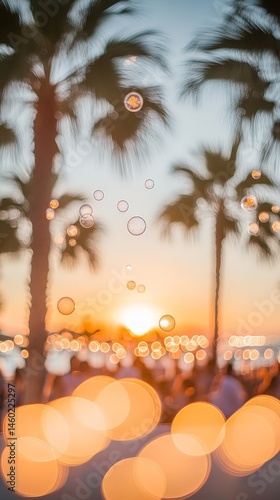 Colorful party bubbles floating in the pool with sunset backdrop