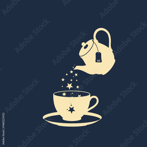 Whimsical teapot pouring stars into a cup on dark background creating magical atmosphere with copy space