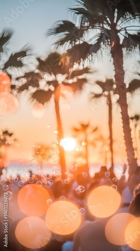 Colorful party bubbles floating in the pool with sunset backdrop