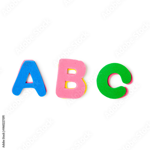 Colorful foam letters A, B, C alphabet isolated on white background. Clipping path.