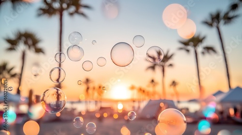 Colorful party bubbles floating in the pool with sunset backdrop