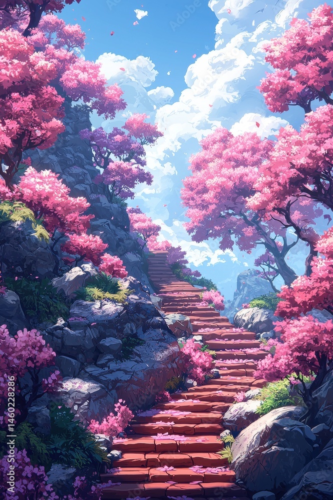 Fototapeta premium Beautiful path surrounded by vibrant pink blossoms and clear blue skies