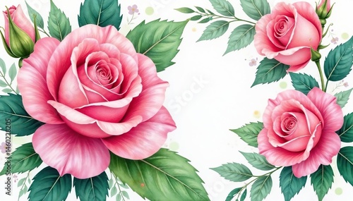 Intricate watercolor roses, lush leaves, soft hues, fabric, watercolor, artwork