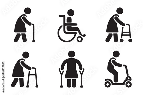Vector Icons Depicting Elderly People with Mobility Aids