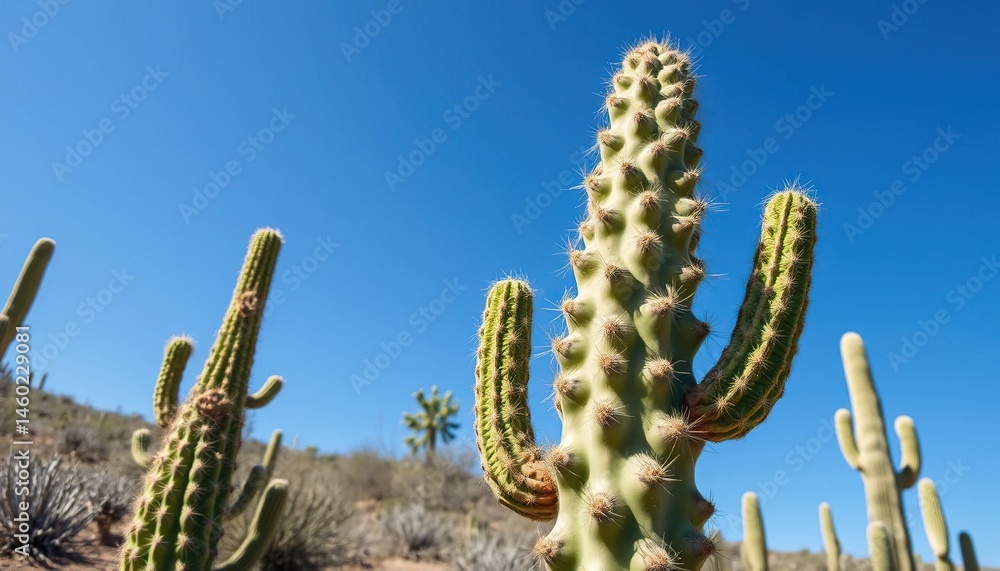 Naklejka premium Close-up of a cactus, bright light, arid landscape