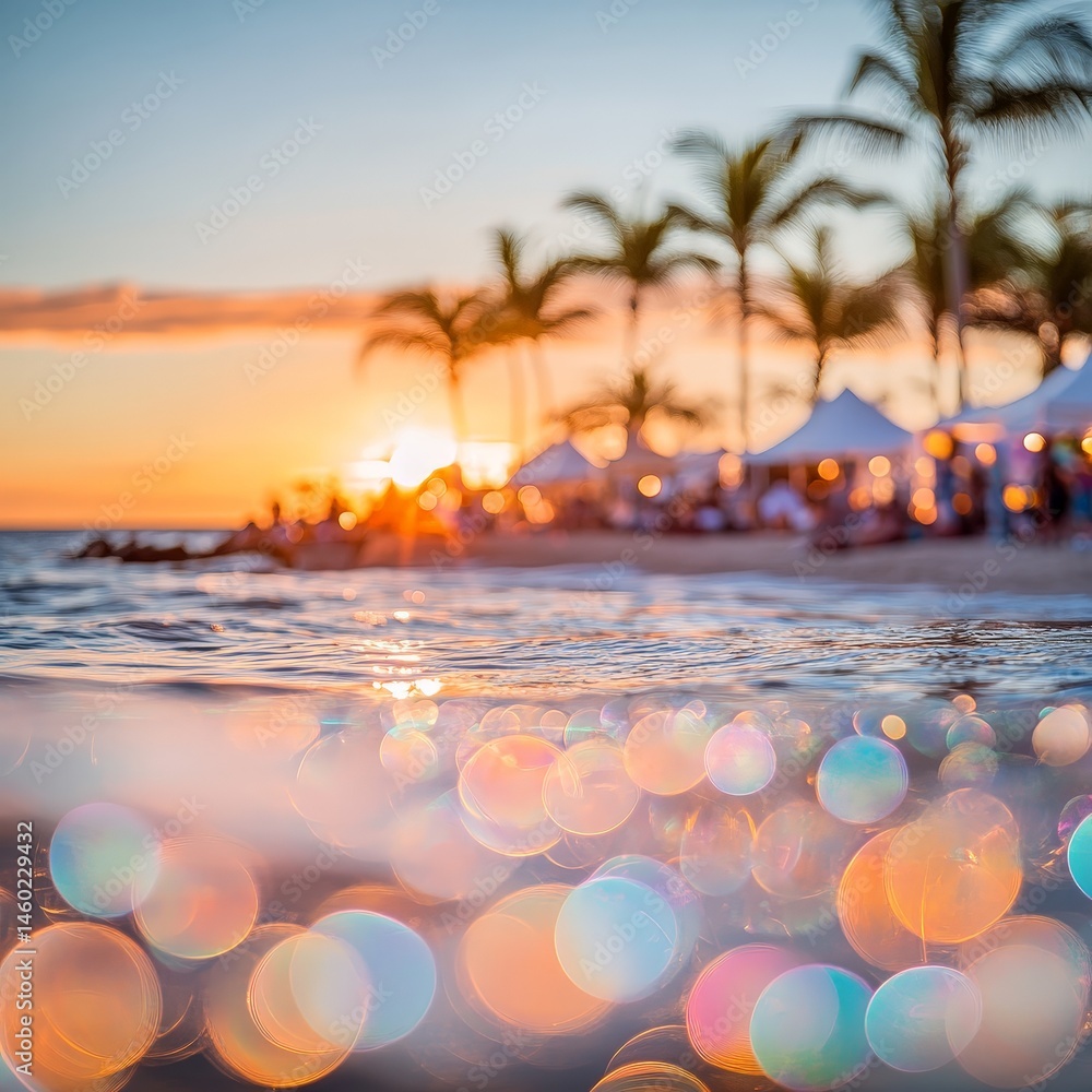 Colorful party bubbles floating in the pool with sunset backdrop