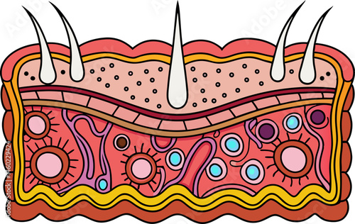 human sweat glands, including eccrine and apocrine glands, hair follicle, sebaceous gland, and blood vessels diagram hand drawn schematic vector illustration. Medical science educational