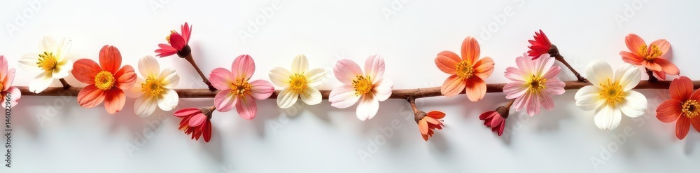 Naklejka premium Delicate dried flower garland, white sheet, wood dowel, image, simple