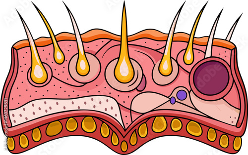 human sweat glands, including eccrine and apocrine glands, hair follicle, sebaceous gland, and blood vessels diagram hand drawn schematic vector illustration. Medical science educational