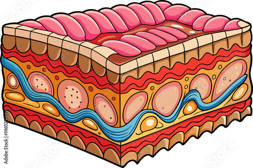 marks on skin, detailed cross-section comparison of damaged versus healthy skin layers and connective tissue diagram hand drawn schematic vector illustration. Medical science educational