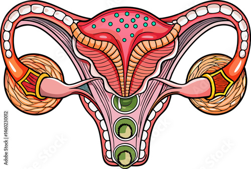 Medical illustration showing hormonal intrauterine device placement inside female reproductive system with labeled anatomy hand drawn raster. Medical science educational