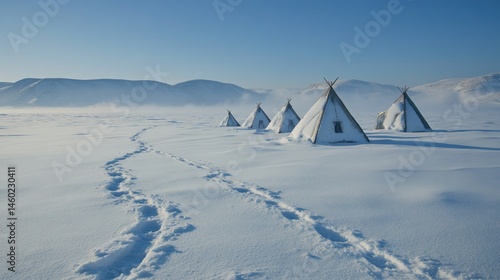Snowy landscape with traditional tents in a wintry scene.