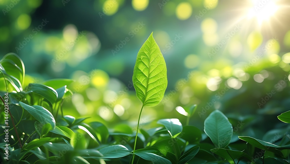 Bright green leaf against a bokeh background signifying growth and nature Bright green leaf against a bokeh background signifying growth and nature