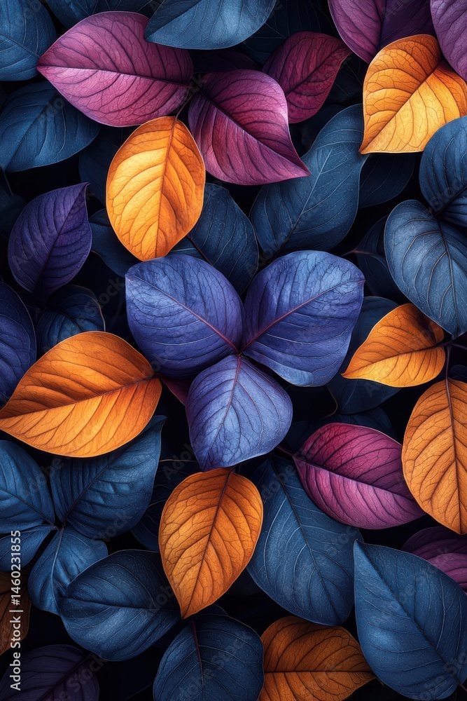 Vibrant and colorful leaves showcasing dynamic contrasts in blue, orange, and purple hues Vibrant and colorful leaves showcasing dynamic contrasts in blue, orange, and purple hues