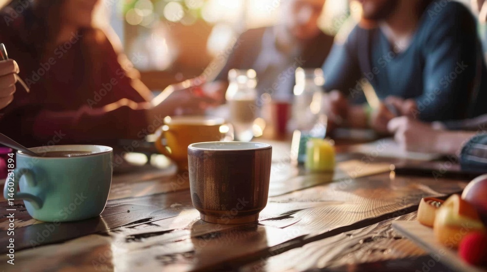 A gathering around a wooden table with coffee cups and pastries bathed in warm sunlight atmosphere A gathering around a wooden table with coffee cups and pastries bathed in warm sunlight atmosphere