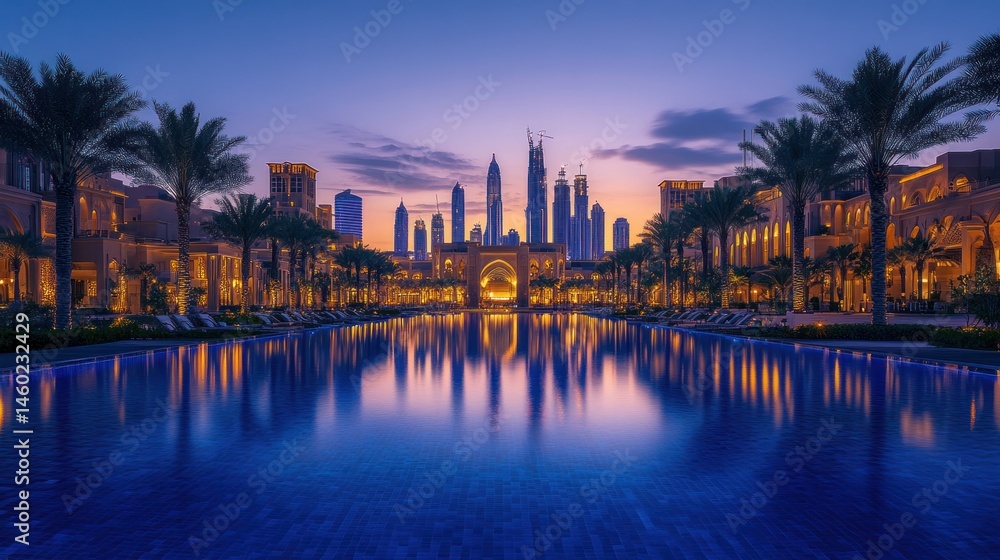 Obraz premium Dubai's serene skyline reflected in tranquil pool at twilight magic
