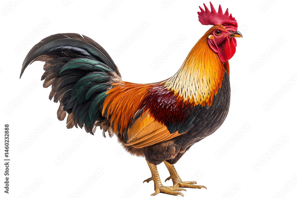 Fototapeta premium Colorful rooster standing proudly on a white background with vibrant feathers and striking features showcasing its natural beauty