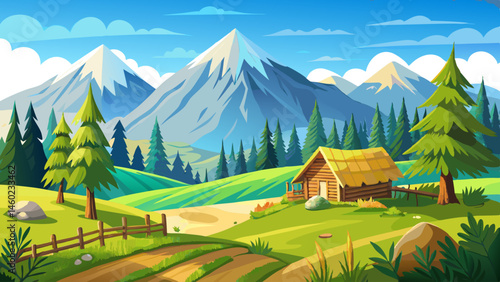 mountainous rural landscape of ukraine in spring. outdoor adventure. countryside scenery on a sunny morning. coniferous forest on hill. haystack and wooden fence on green grassy meadow under blue sky
