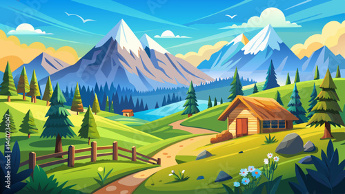 mountainous rural landscape of ukraine in spring. outdoor adventure. countryside scenery on a sunny morning. coniferous forest on hill. haystack and wooden fence on green grassy meadow under blue sky