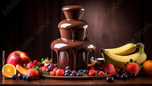 dark food photography background chocolate fountain with cascading chocolate fresh fruits and berries on table