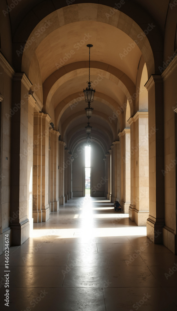 Fototapeta premium Elegant corridor with arches illuminated by natural light