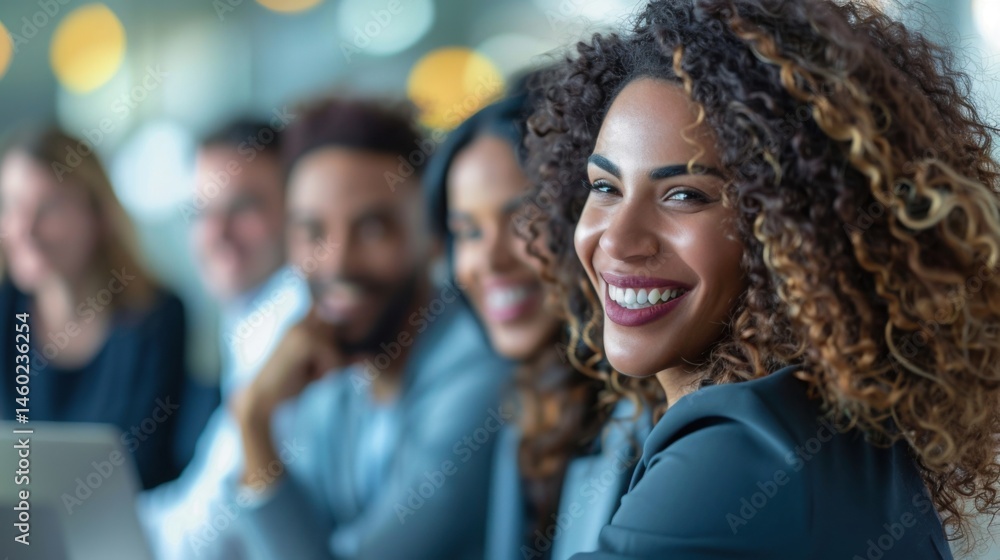 Smiling woman with curly hair in foreground and blurred group of coworkers in the background at the office Smiling woman with curly hair in foreground and blurred group of coworkers in the background at the office