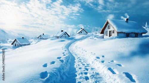Snowy mountain village scene with footpaths.