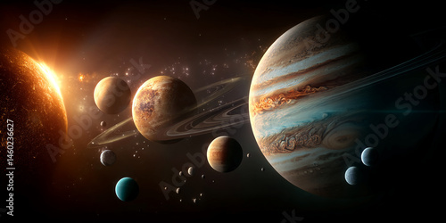 Detailed image of a solar system, showcasing planets, a star, and celestial bodies, representing the vastness and beauty of space exploration