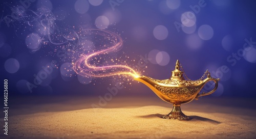 Golden magic lamp on sand with glowing energy stream and sparkling particles. Concept of wish granting, fantasy, and ancient legends for book cover or design element.