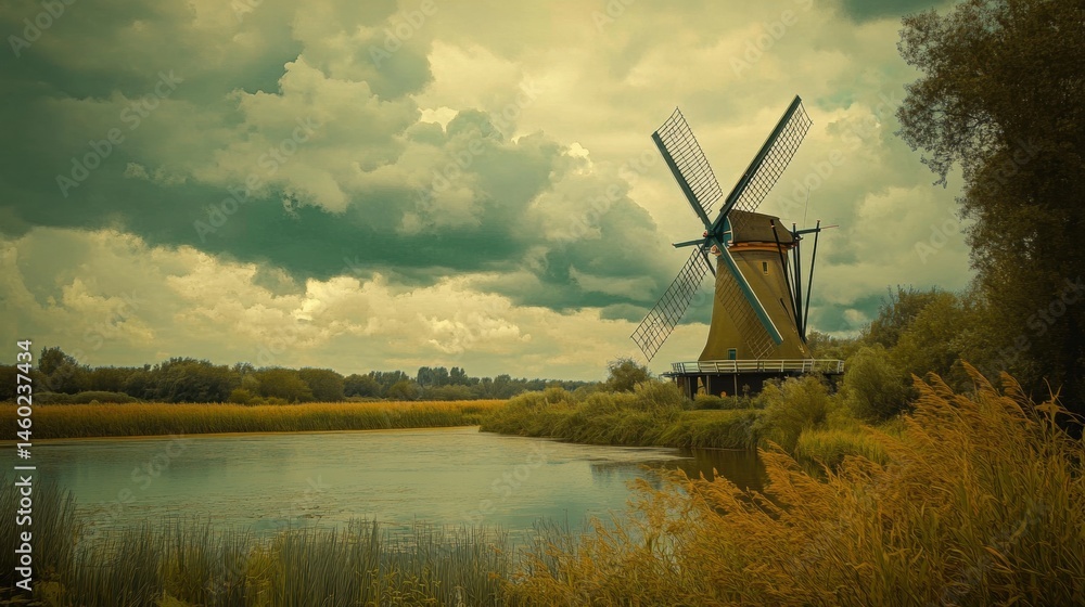 Naklejka premium A serene Dutch landscape scene with a traditional windmill.